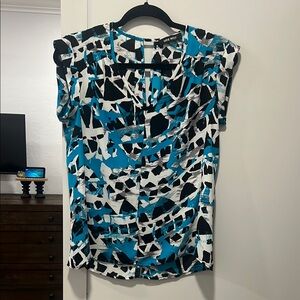 Nine West (s) Teal, Black & White Abstract Cap Sleeve Blouse